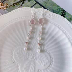 Rose Quartz Hand-Knit Pearls Earrings