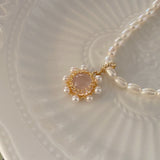 Vintage Aquamarine/ Rose Quartz Pendant Pearls Necklace