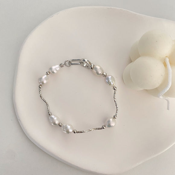 Silver Curve Baroque Pearls Bracelets