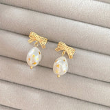 Bowknot Gold Pearl Earrings